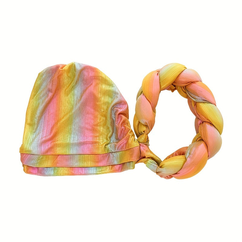 Yellow Gradient Turban Cap Braid Beanie Women Elastic Headwear