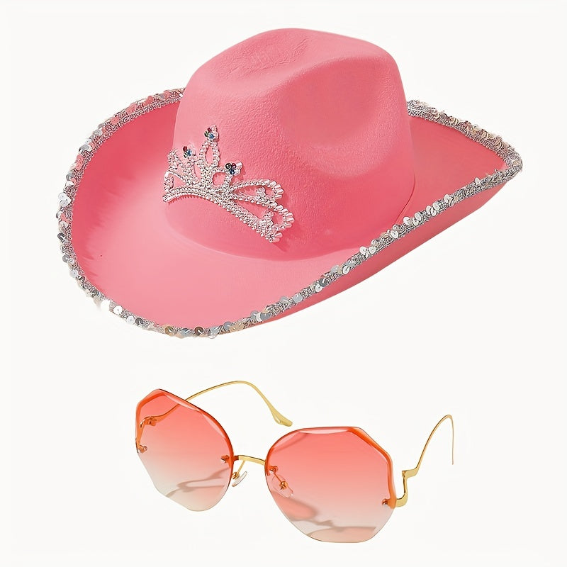 Cowgirl Hat Sunglasses Set with Y2K Fedora Cap & Rimless UV Eyewear