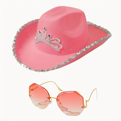 Cowgirl Hat Sunglasses Set with Y2K Fedora Cap & Rimless UV Eyewear