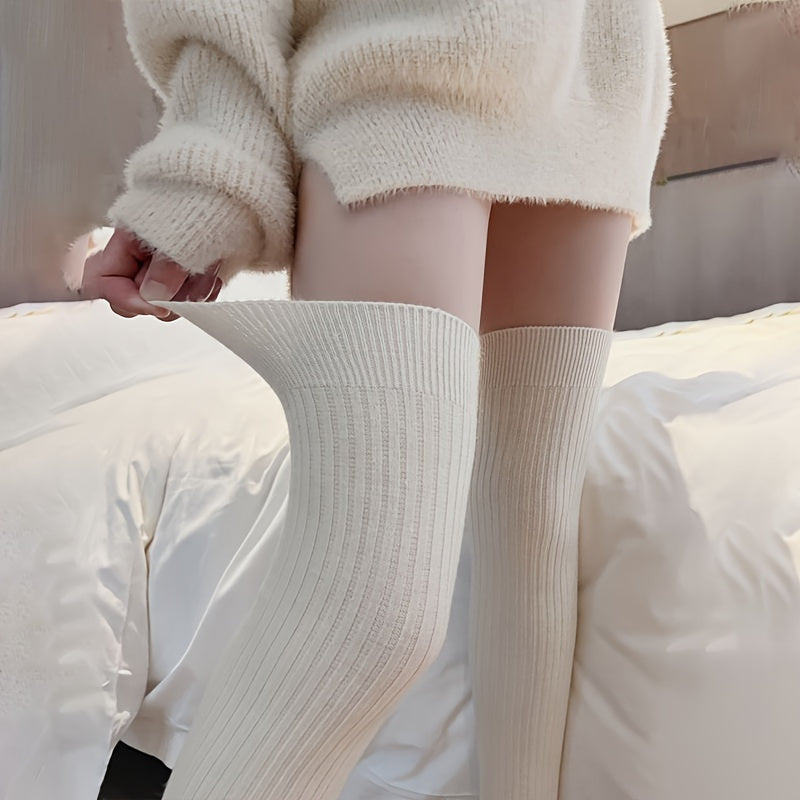 3 Pairs Solid Thigh High Socks Women's Stockings
