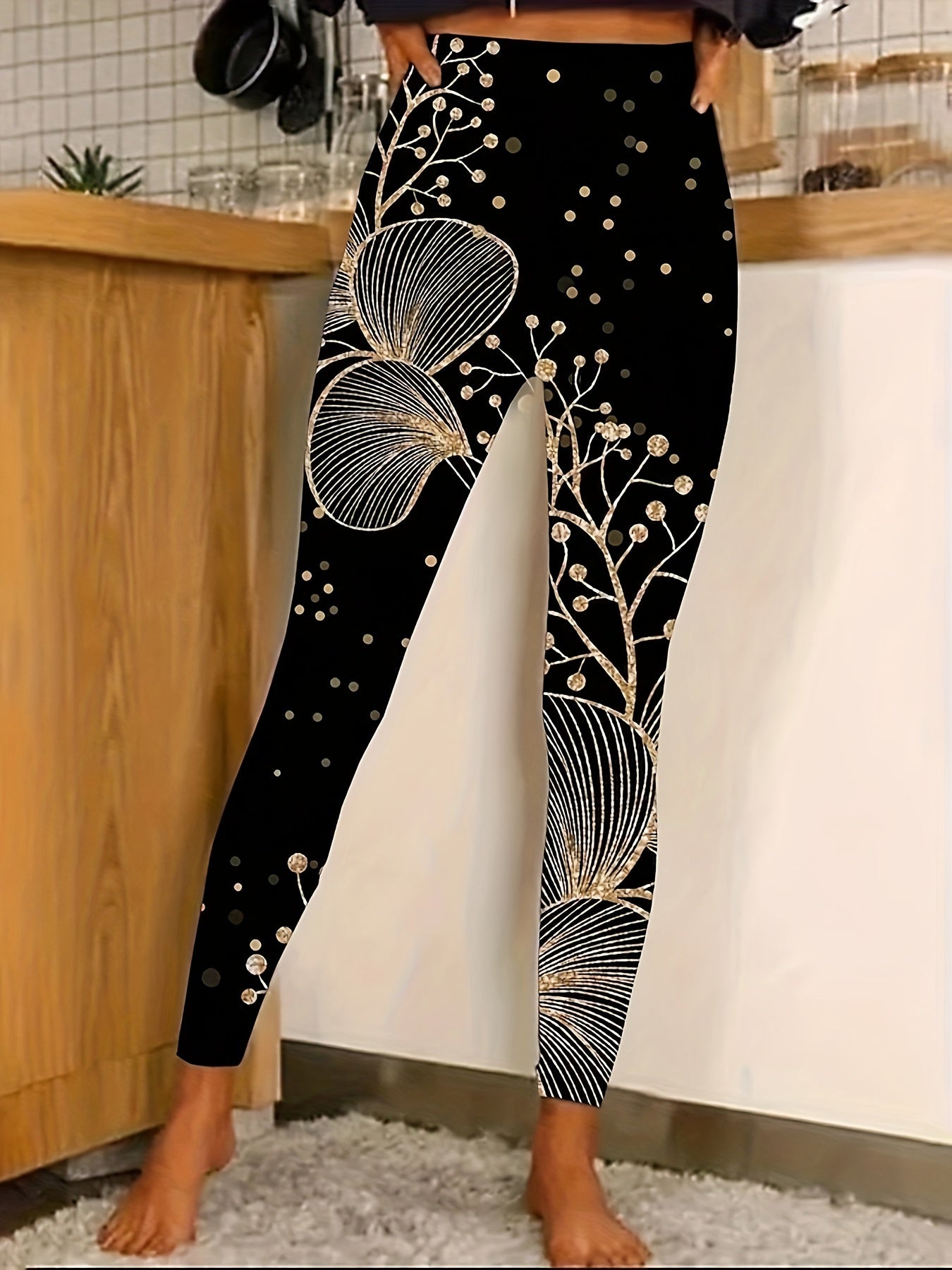  Women's Gold Floral Print High Rise Leggings