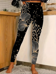  Women's Gold Floral Print High Rise Leggings