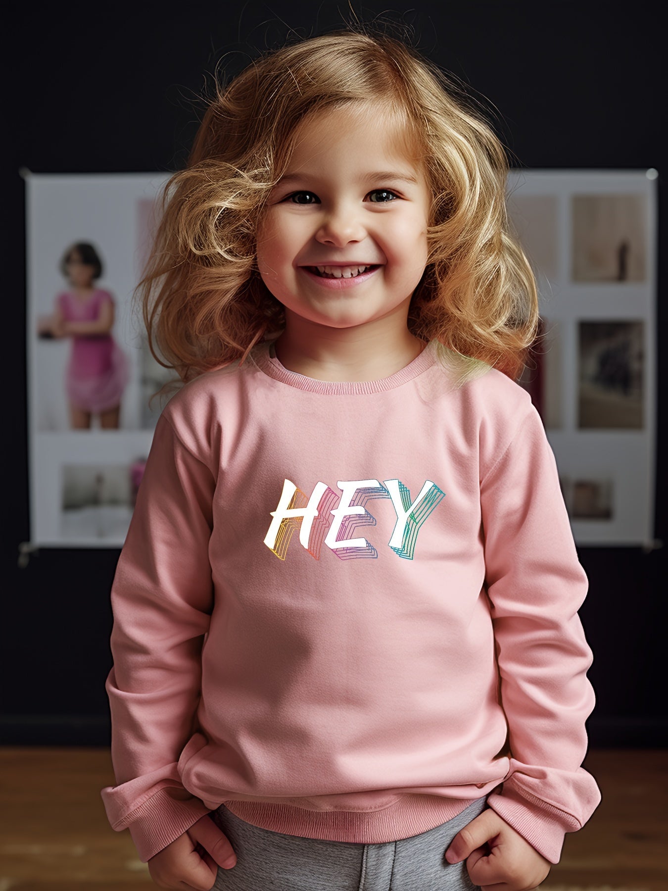 Girls Hey Pattern Crew Neck Long Sleeve Sweatshirt