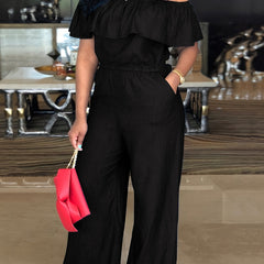  Sexy Jumpsuit Women's Plus Solid Ruffle Trim Off Shoulder Wide Leg Jum