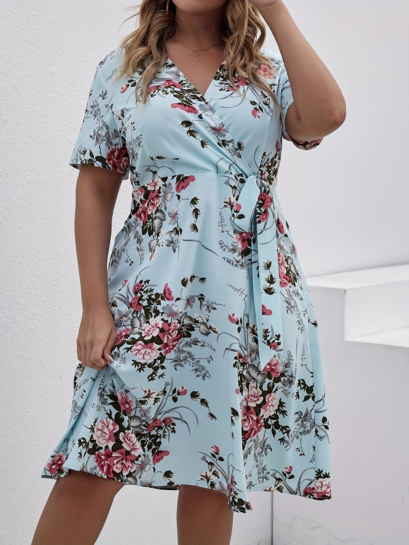  Casual Floral Print Short Sleeve Knot Dress