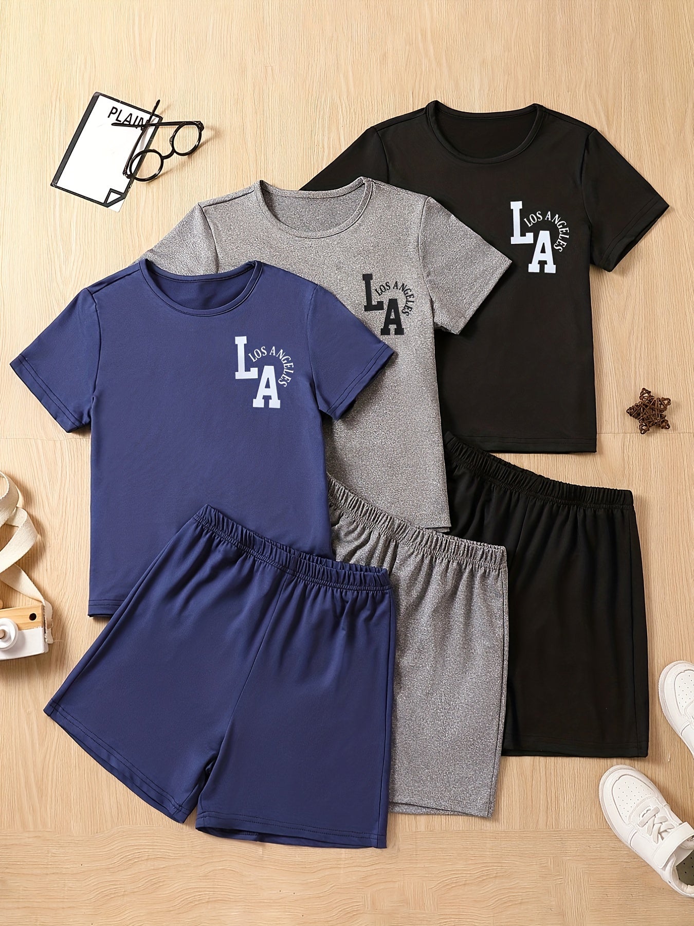 3pcs Boys LOS ANGELES Graphic Print T shirt&Shorts Set