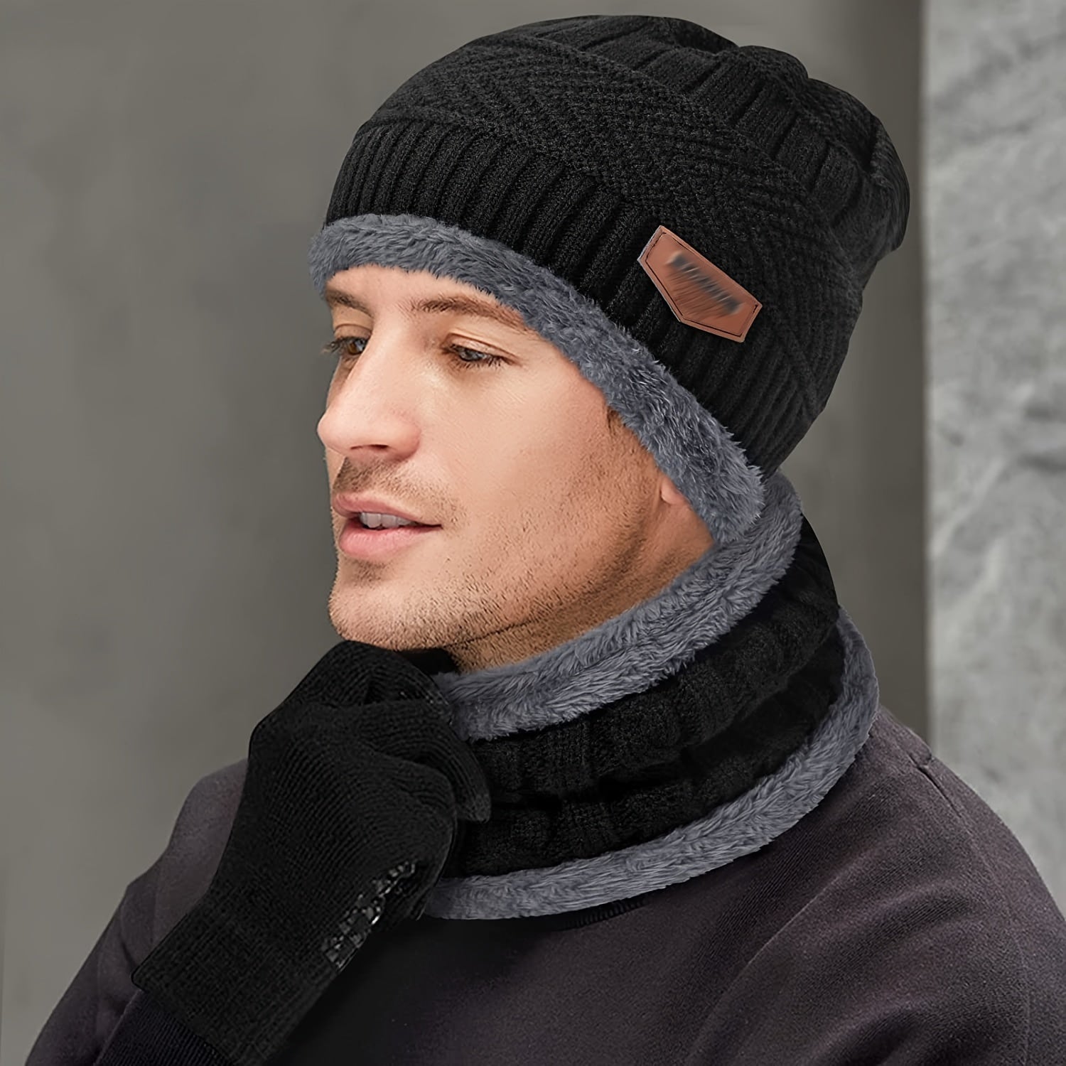 Slouchy Beanie Winter Hat Windproof Warm Knit Cap Touch Screen Mittens