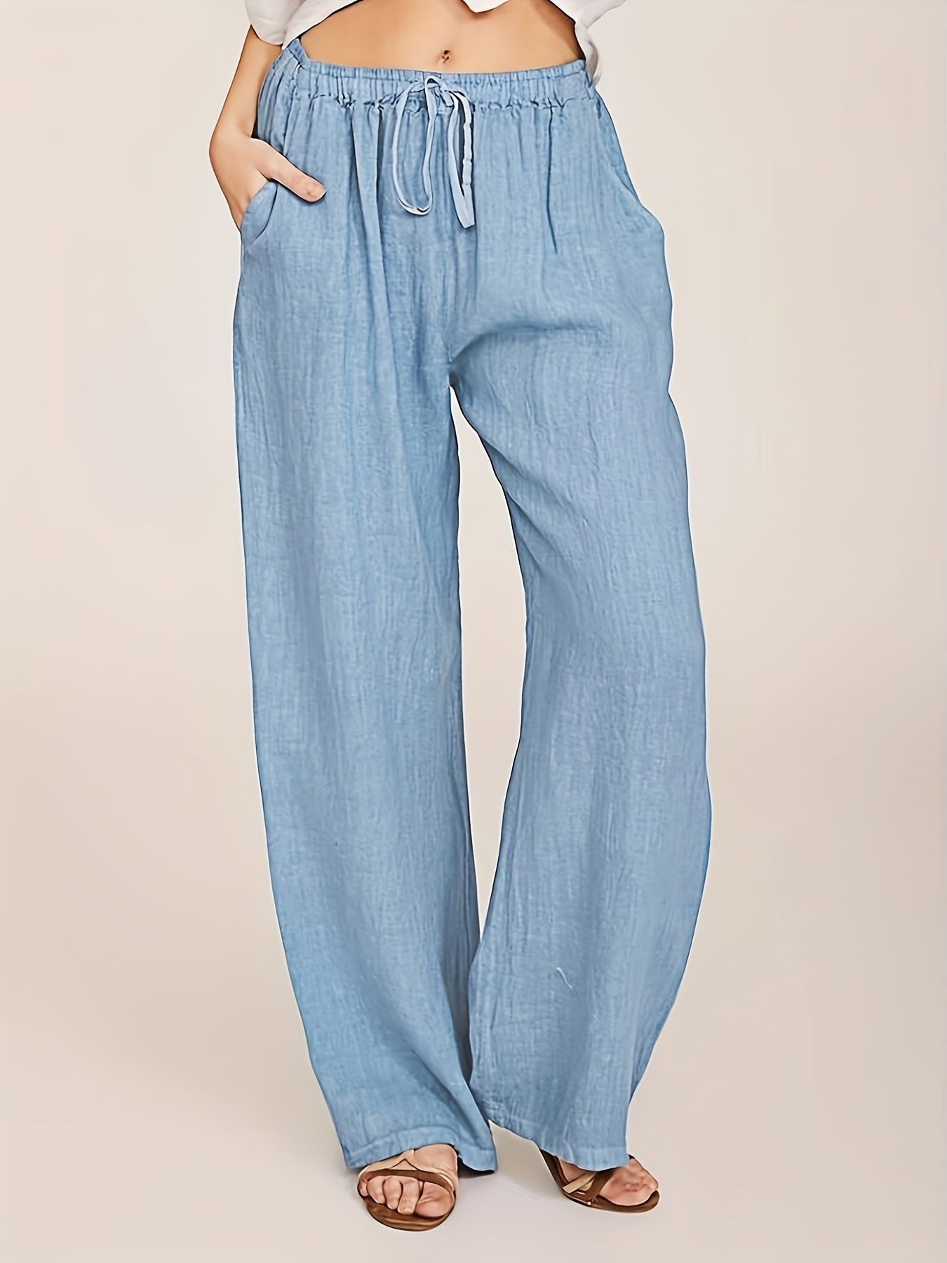  Solid Straight Leg Drawstring Pants