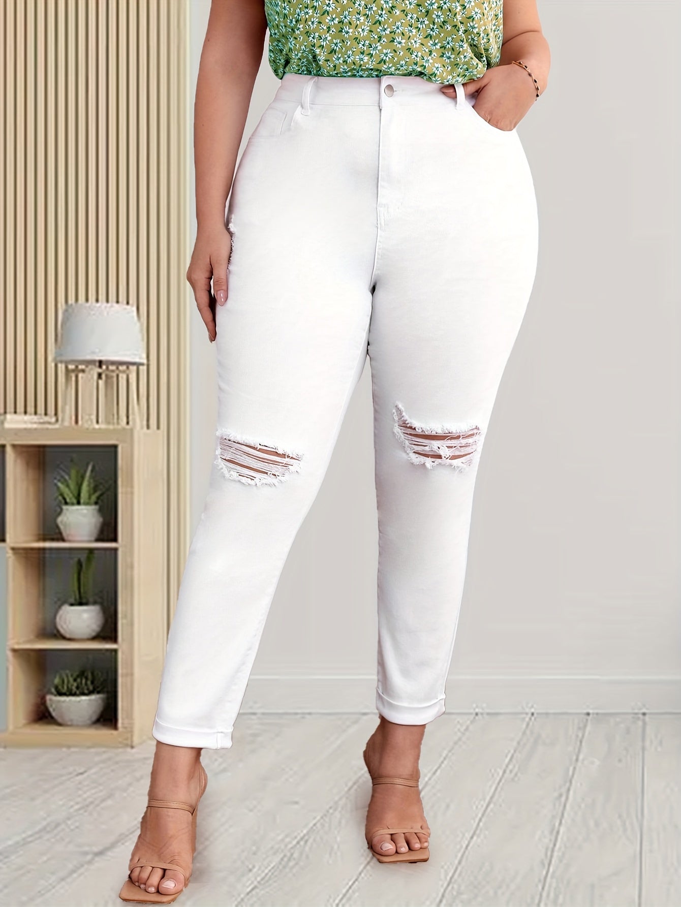  Solid Ripped High Rise Skinny Jeans