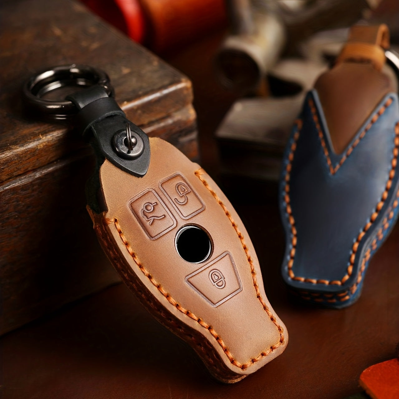 Benz First Layer Leather Keychain Vintage Car Key Protective Case