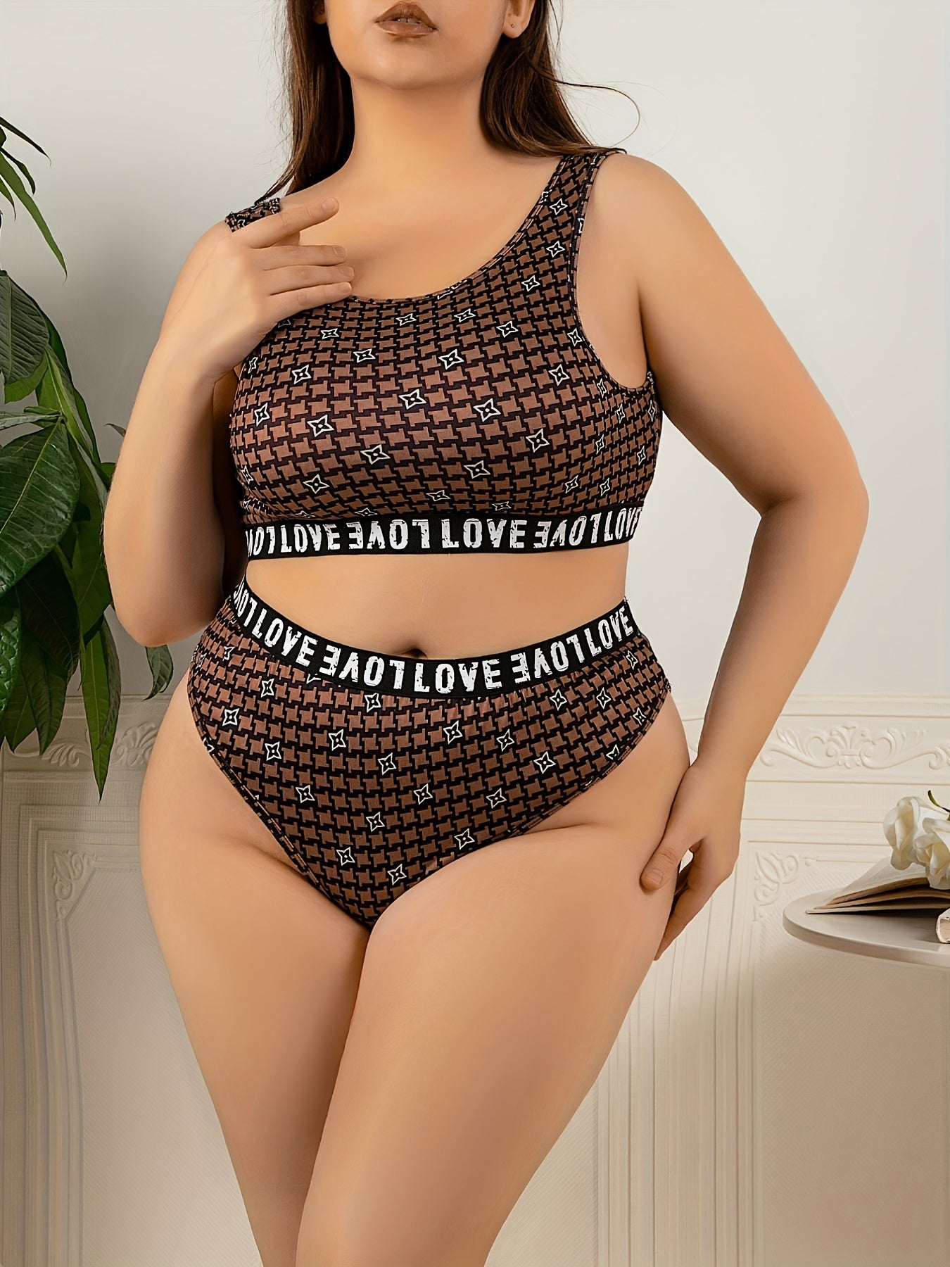  Allover Print Letter Tape Bra & Panty Set