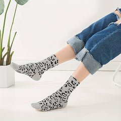 5 Pairs Leopard Print Socks Soft Mid Tube Stockings Women's Hosiery