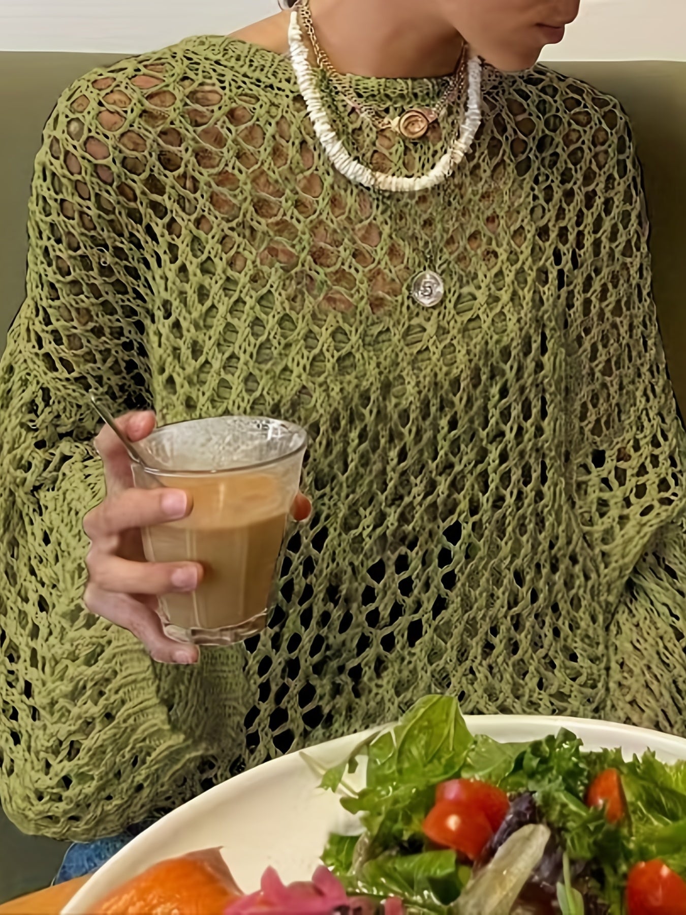Crochet Cover Up Knitted Top Long Sleeve Sweater For Spring & Summer