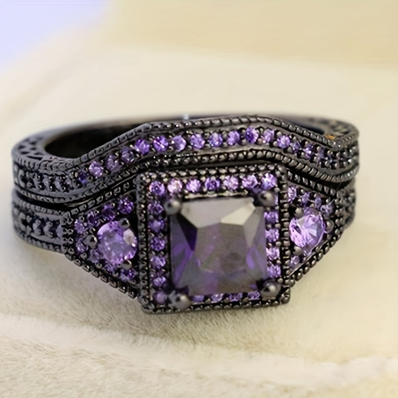 2pcs Silver Plated Purple Zircon Engagement Wedding Ring Set