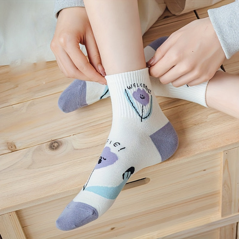 5 Pairs Heart & Floral Print Socks Soft Casual Stockings Women's Hosiery