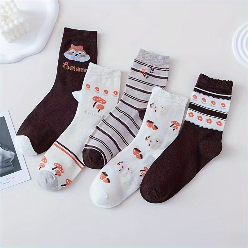 5 Pairs Floral Print Socks Mid Tube Women's Stockings