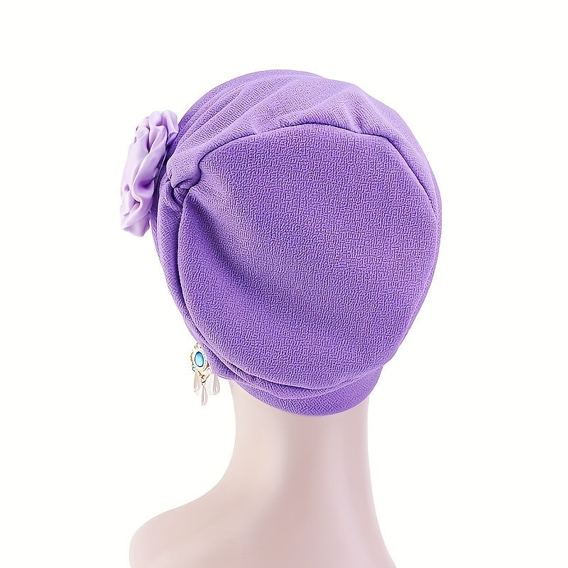 Flower Decor Turban Cap Elastic Head Wrap Chemo Hats Beanie Lightweight Bonnet