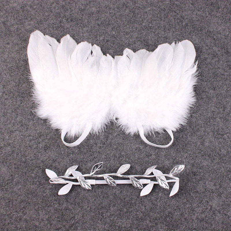 2pc Leaf Headband & Angel Feather Set for 0-3 Months Baby Photo Props