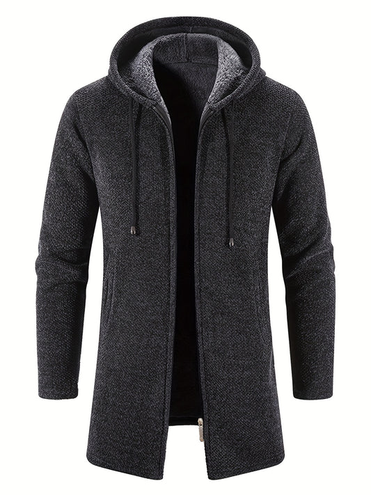 Plush Mid-length Jacket Men's Zip Up Hooded Jacket For Fall Winter