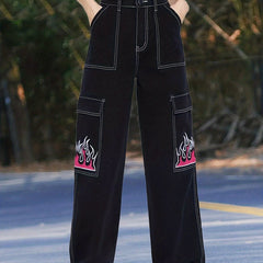 Fire Print Loose Fit Straight Jeans High Waist Non Stretch High Rise Streetwear