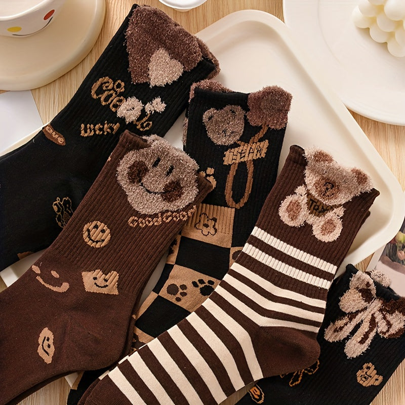 5 Pairs Cute Cartoon Print Comfy Mid Tube Women's Socks
