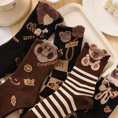 5 Pairs Cute Cartoon Print Comfy Mid Tube Women's Socks