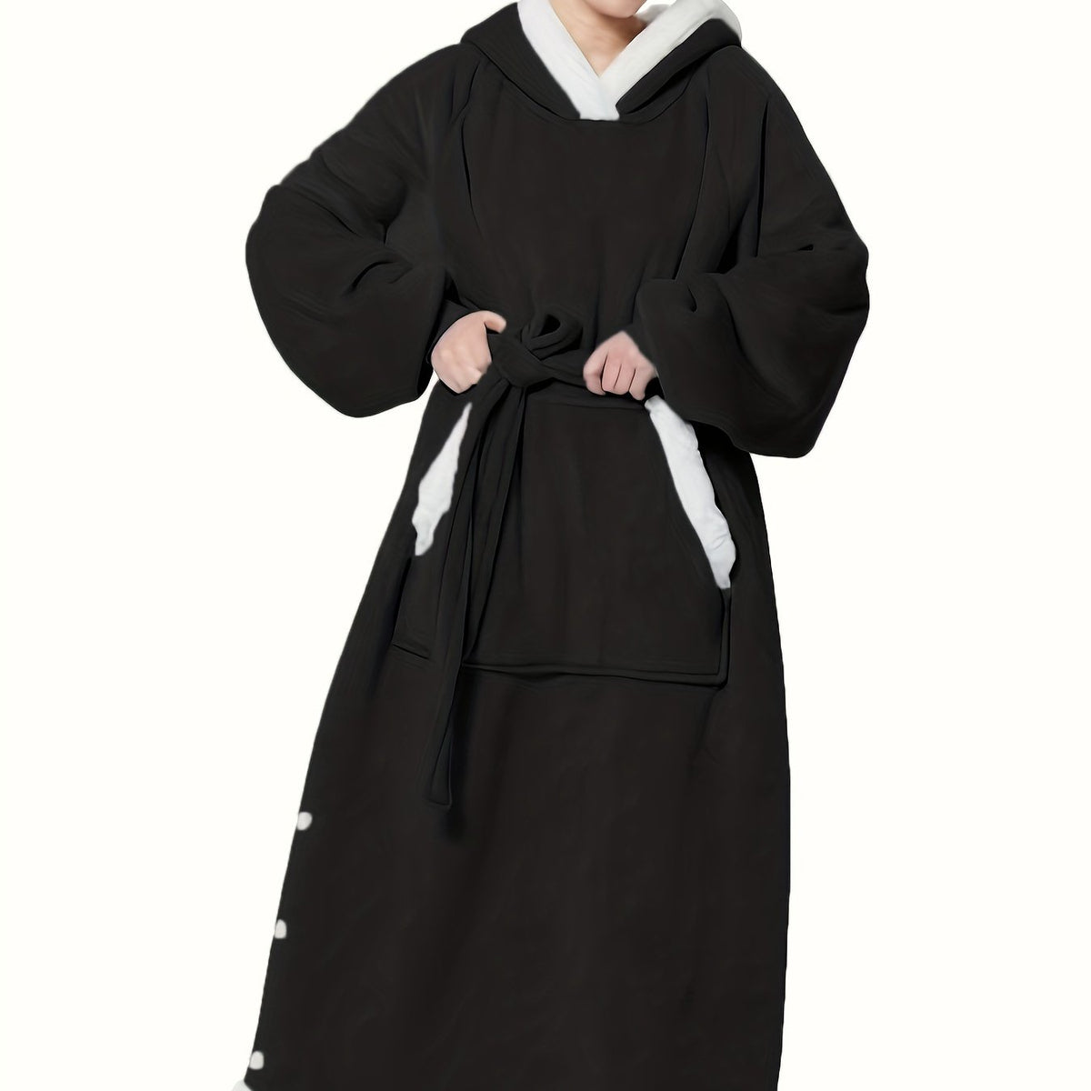  Hooded Fleece Lounge Robe With Pockets & Split