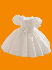 Girl's Preppy Style Puffy Sleeve Bow Dress