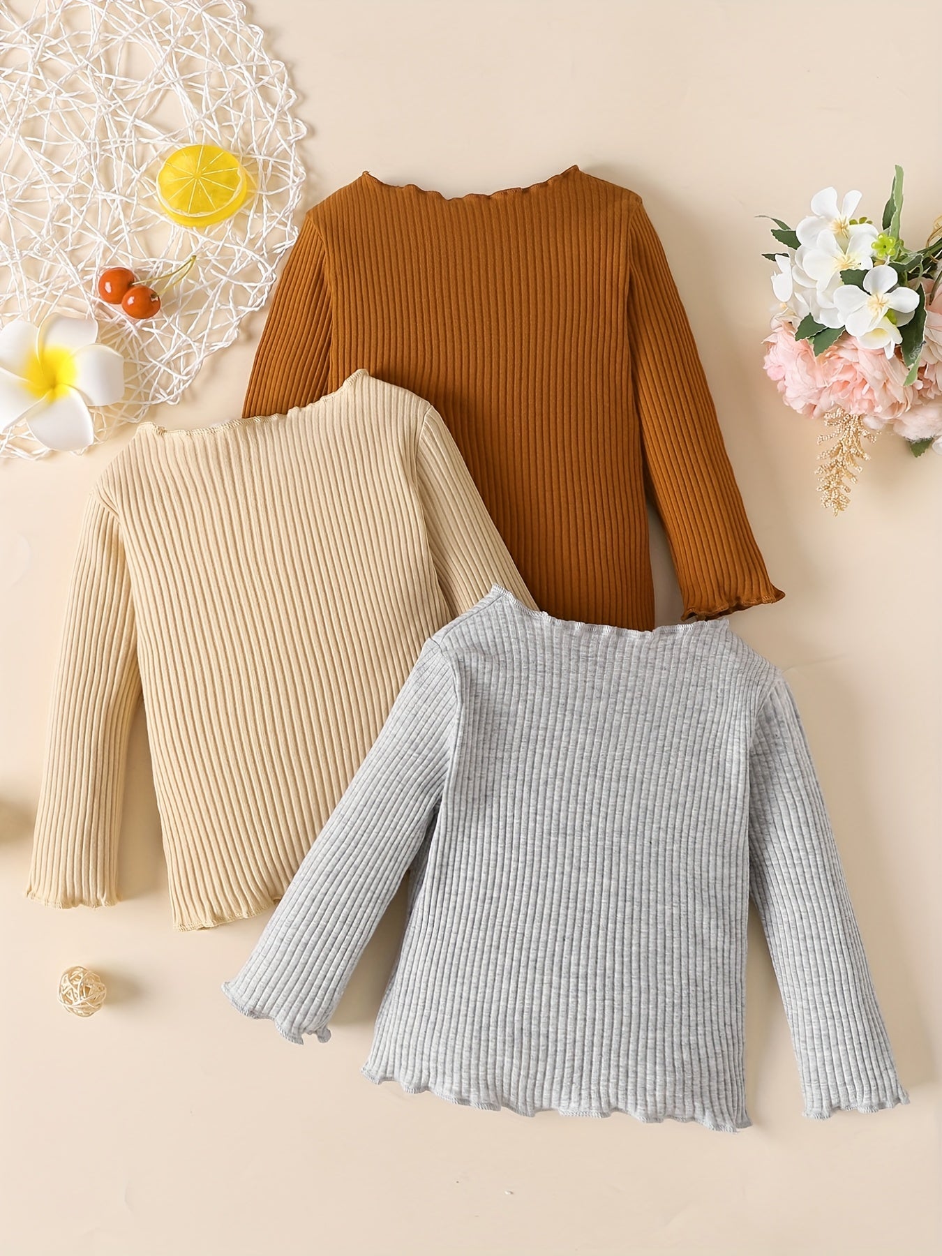 3pcs Girls Long Sleeve Ribbed Knit Ruffle Tops Blouse Sweater Set