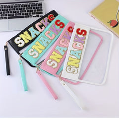 Chenille Letter Patch PVC Pouch Zipper Transparent Cosmetic Bag