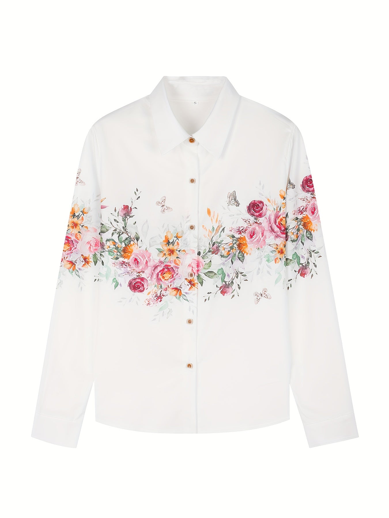  Floral Print Long Sleeve Button Up Collar Shirt