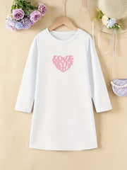 Girls' Heart Print Long Sleeve Dress for Spring Fall
