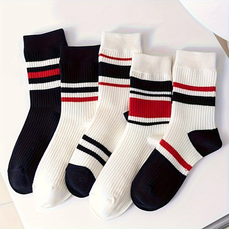 5 Pairs Women's Striped Crew Socks Combo Pack