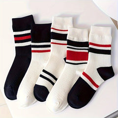 5 Pairs Women's Striped Crew Socks Combo Pack