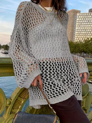 Crochet Cover Up Knitted Top Long Sleeve Sweater For Spring & Summer