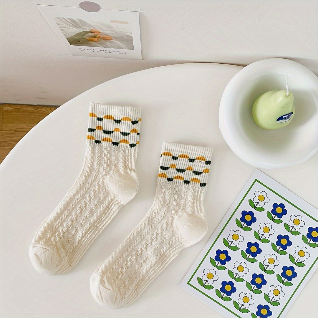 5 Pairs Floral Pattern Mid Tube Socks Soft & Comfy Stockings