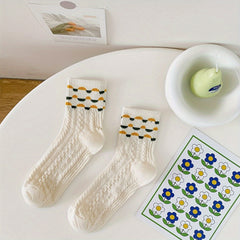 5 Pairs Floral Pattern Mid Tube Socks Soft & Comfy Stockings
