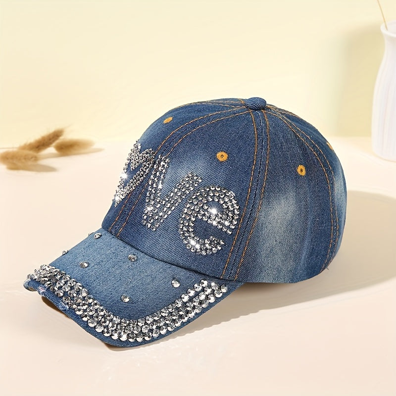 LOVE Rhinestone Denim Baseball Cap Distressed Y2K Dad Hats