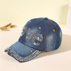 LOVE Rhinestone Denim Baseball Cap Distressed Y2K Dad Hats