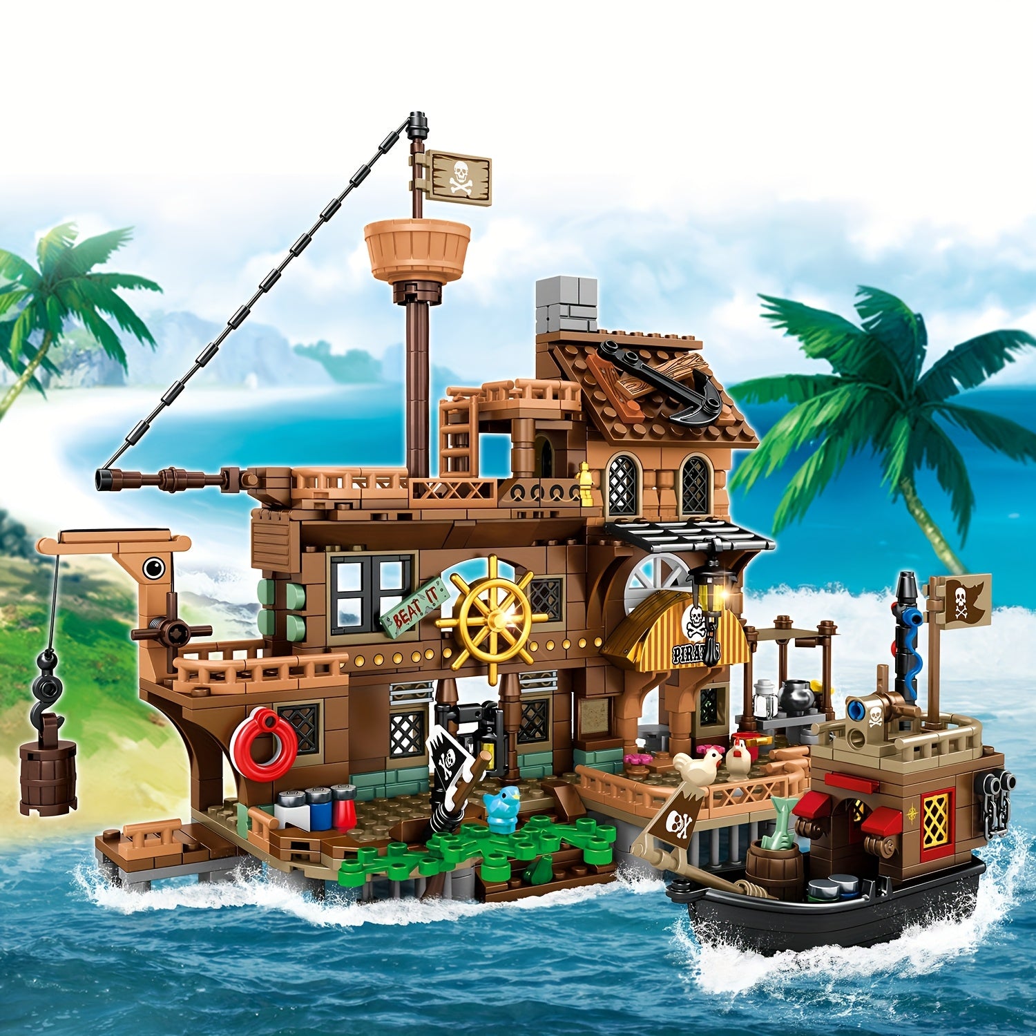 MESIONDY Pirate Building Set with Cannon, Sails & Chests