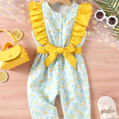 Girls Lemon Graphic Ruffled Sleeveless Jumpsuit With Belt