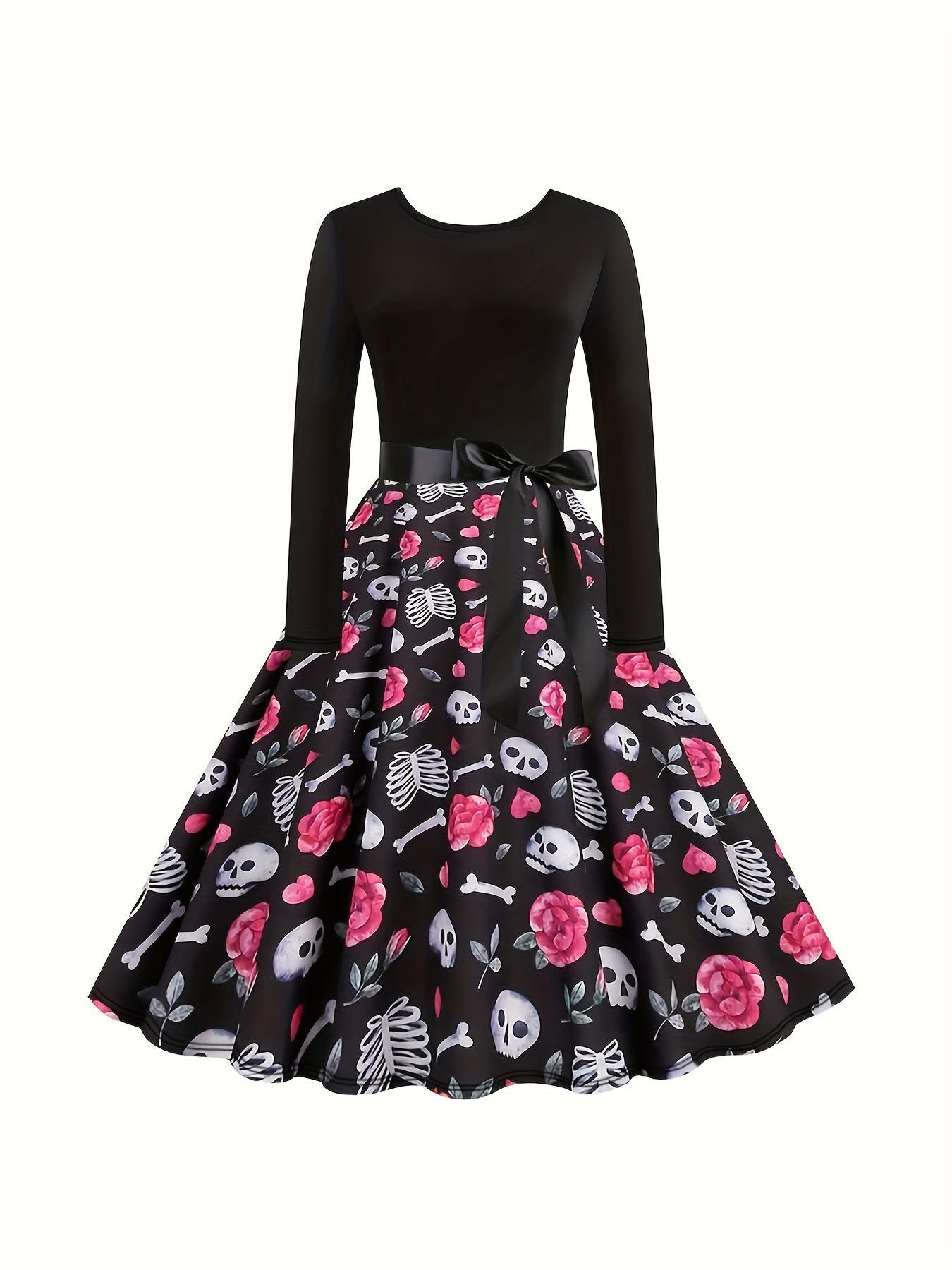  Colorblock Skull Print Long Sleeve Dress