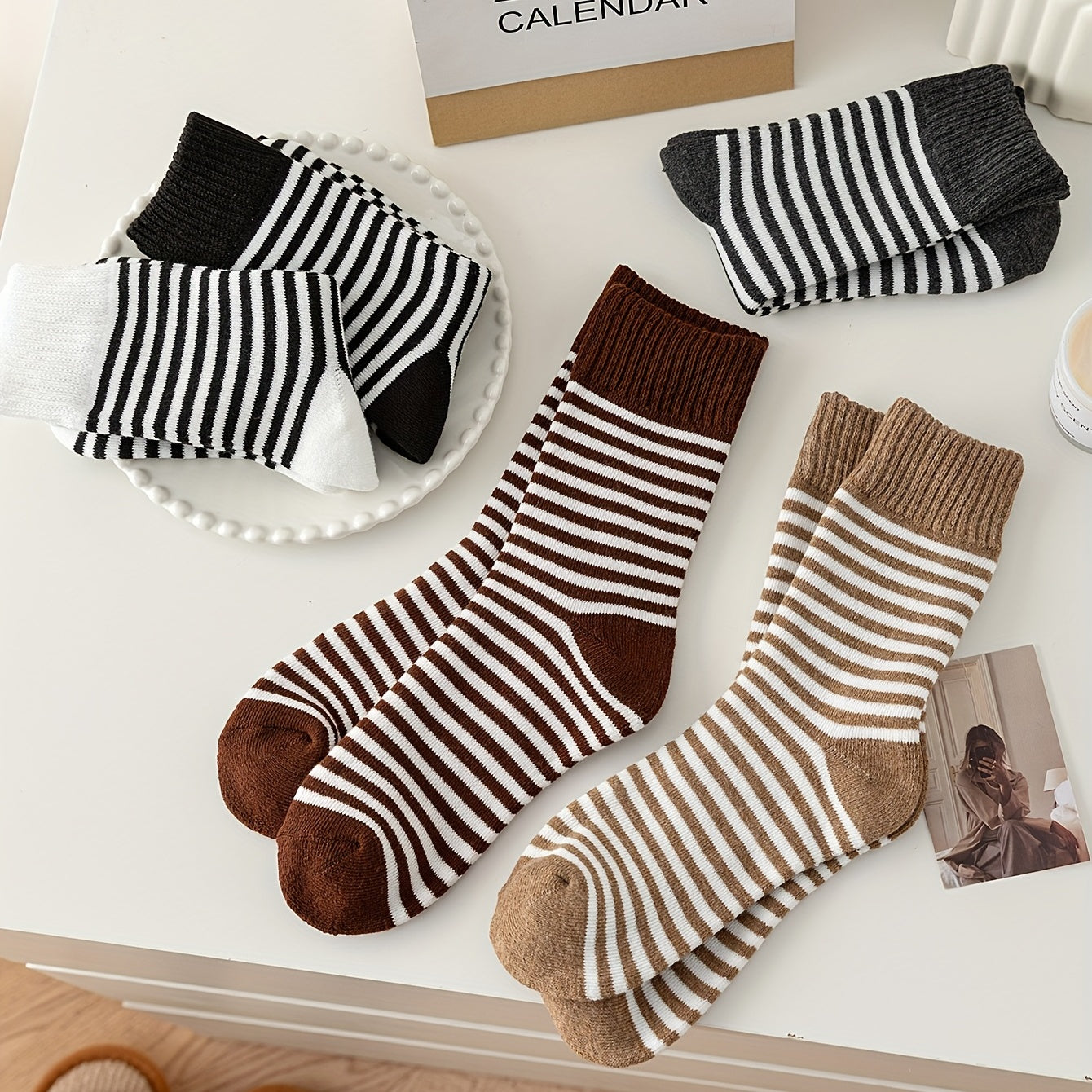 5 Pairs Stripe Print Thickened Socks Comfy Warm Mid Tube Stockings