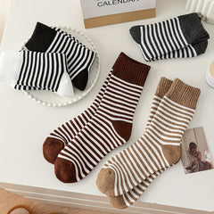 5 Pairs Stripe Print Thickened Socks Comfy Warm Mid Tube Stockings