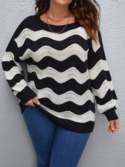  Casual Sweater Women's Plus Wave Pattern Long Sleeve Round Neck