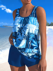  Boho Tankini Set Women's Plus Tropical Print Tie Round Neck Tank Top