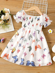 Girls' Butterfly Print Square Neck Smocked Dress