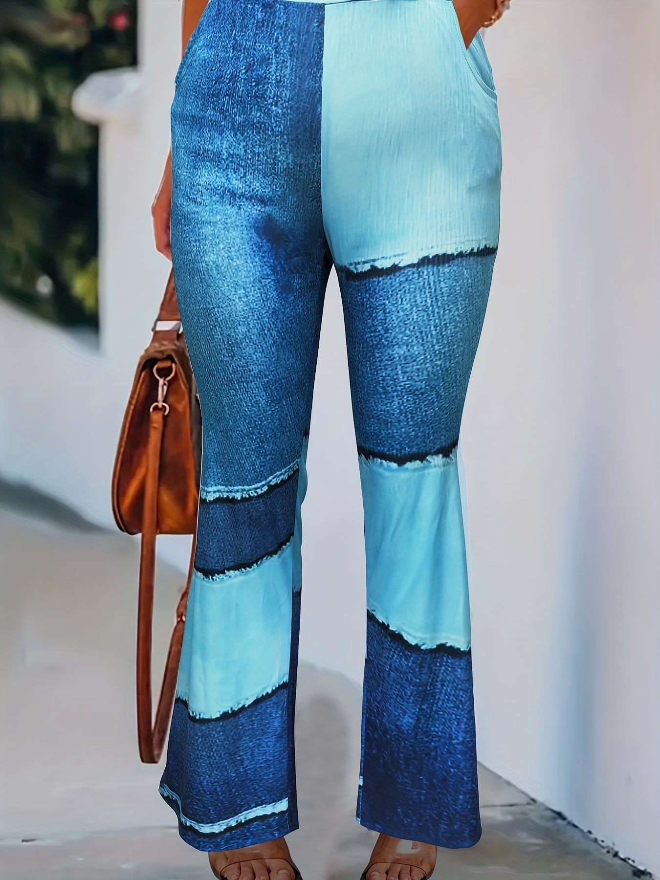  Colorblock Denim Print Flared Leggings