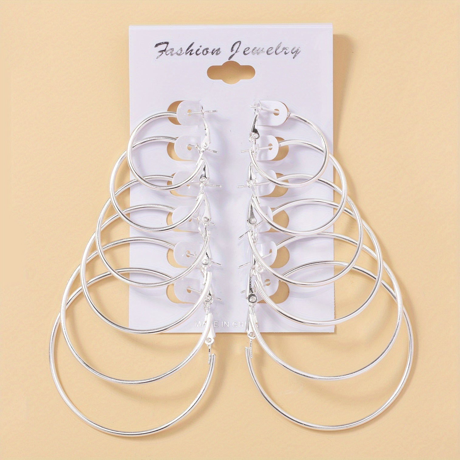 6 Pairs Silvery Big Circle Hoop Earrings Stainless Steel Silver Plated Jewelry