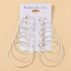 6 Pairs Silvery Big Circle Hoop Earrings Stainless Steel Silver Plated Jewelry